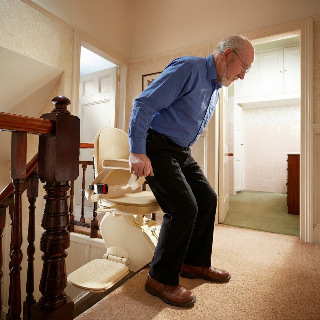 Elderly man using stairlift in home