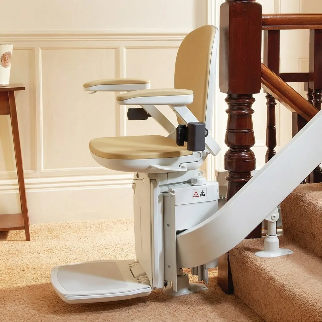 Stairlift on carpeted stairs for accessibility.
