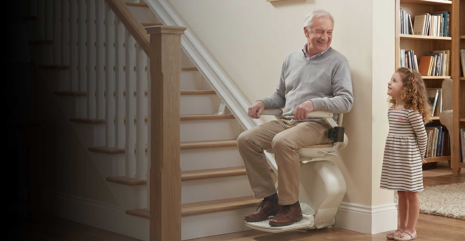 Older woman using a stairlift safely at home, smiling