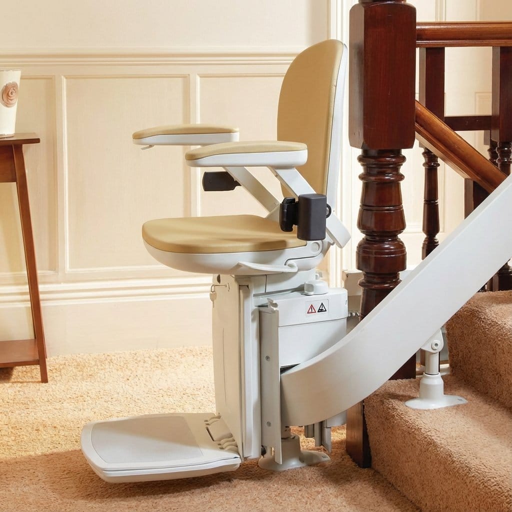 Stairlift on carpeted stairs for accessibility.