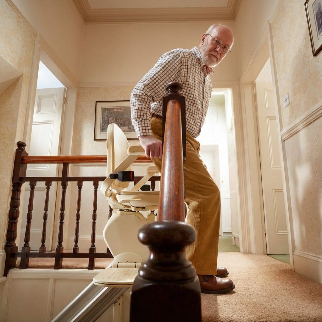 Engineer fitting a stairlift rail to the stair treads